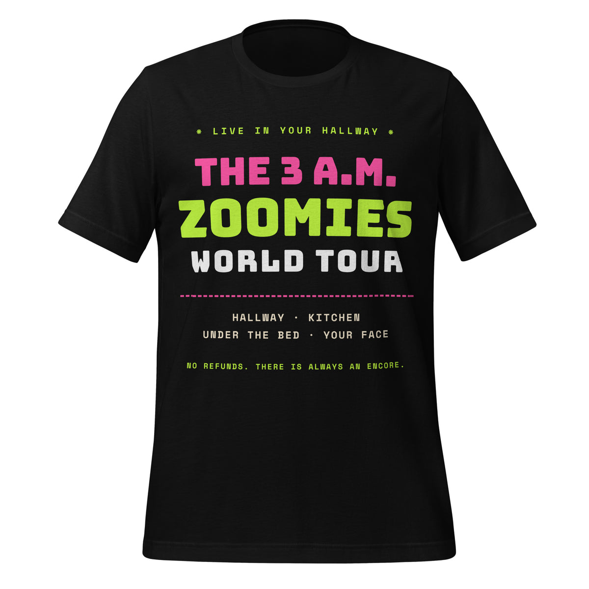 A black short-sleeve graphic t-shirt for cat lovers featuring colorful text that reads THE 3 A.M Zoomies tour